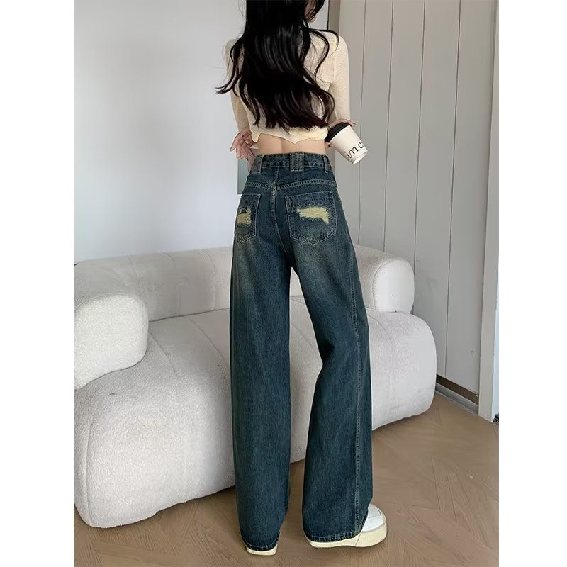 高腰寬鬆直筒牛仔褲女