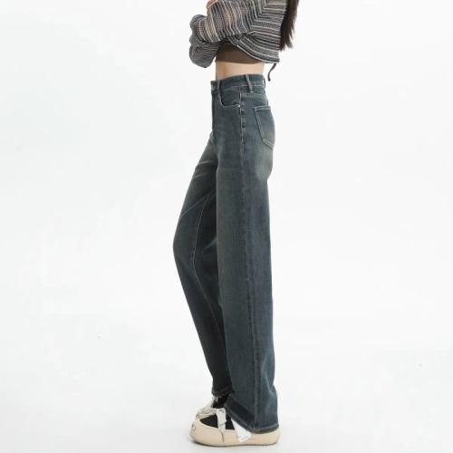 Straight-leg jeans for women 2024 new spring and summer high-waist slim retro blue petite loose wide-leg pants