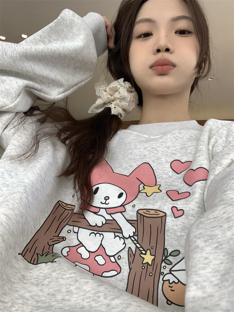 實拍~原創 韓系卡通可愛印花寬鬆加絨銀狐絨寬鬆衛衣