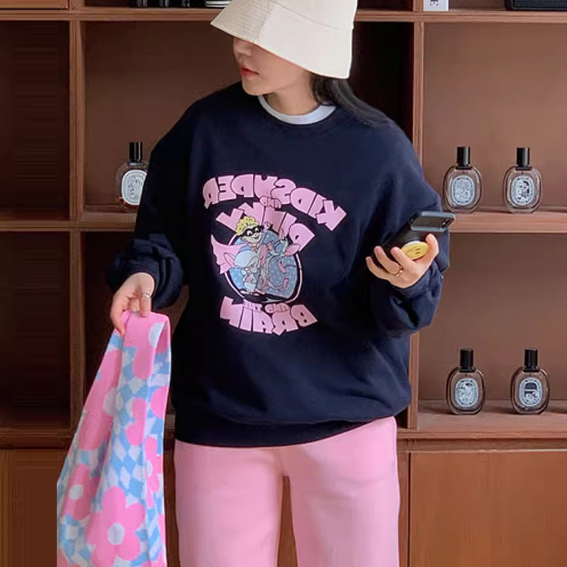 藏藍色圓領百搭衛衣女秋冬復古高級感慵懶風寬鬆小眾無帽美式上衣