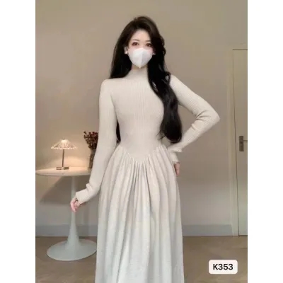 外貿品質針織秋冬女士毛衣裙半高領收腰褶皺大擺裙A字裙女
