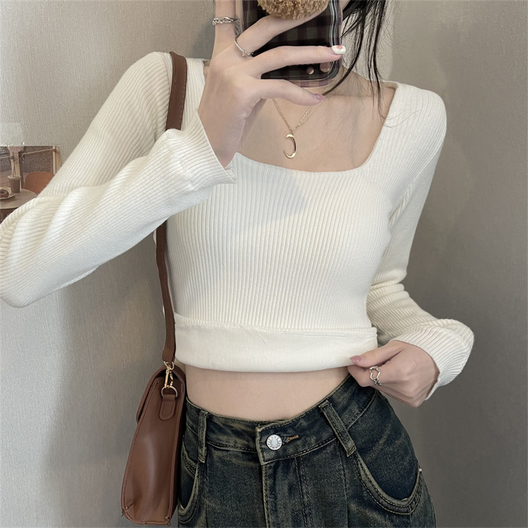 Real shots of knitted sweaters for women, super nice tops, French style, beautiful short thickened square collar bottoming shirt
