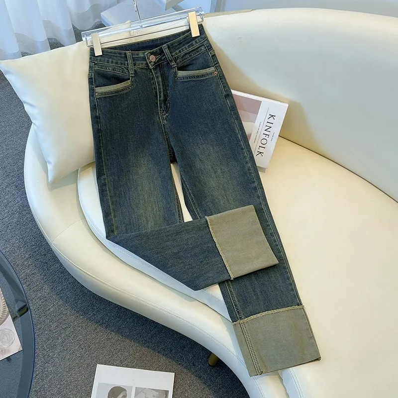 Cement Gray Cigarette Jeans Women's Autumn 2023 New Style Small High Waist Nine-Point Pants Spliced ​​Cuffed Straight Leg Pants
