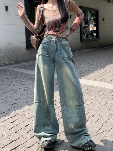 Actual shot#High-waisted wide-leg denim trousers for women, designed washed pocket straight loose floor-length trousers