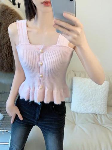 ****~Real shot of plush fungus-edged knitted vest short bottoming shirt for women