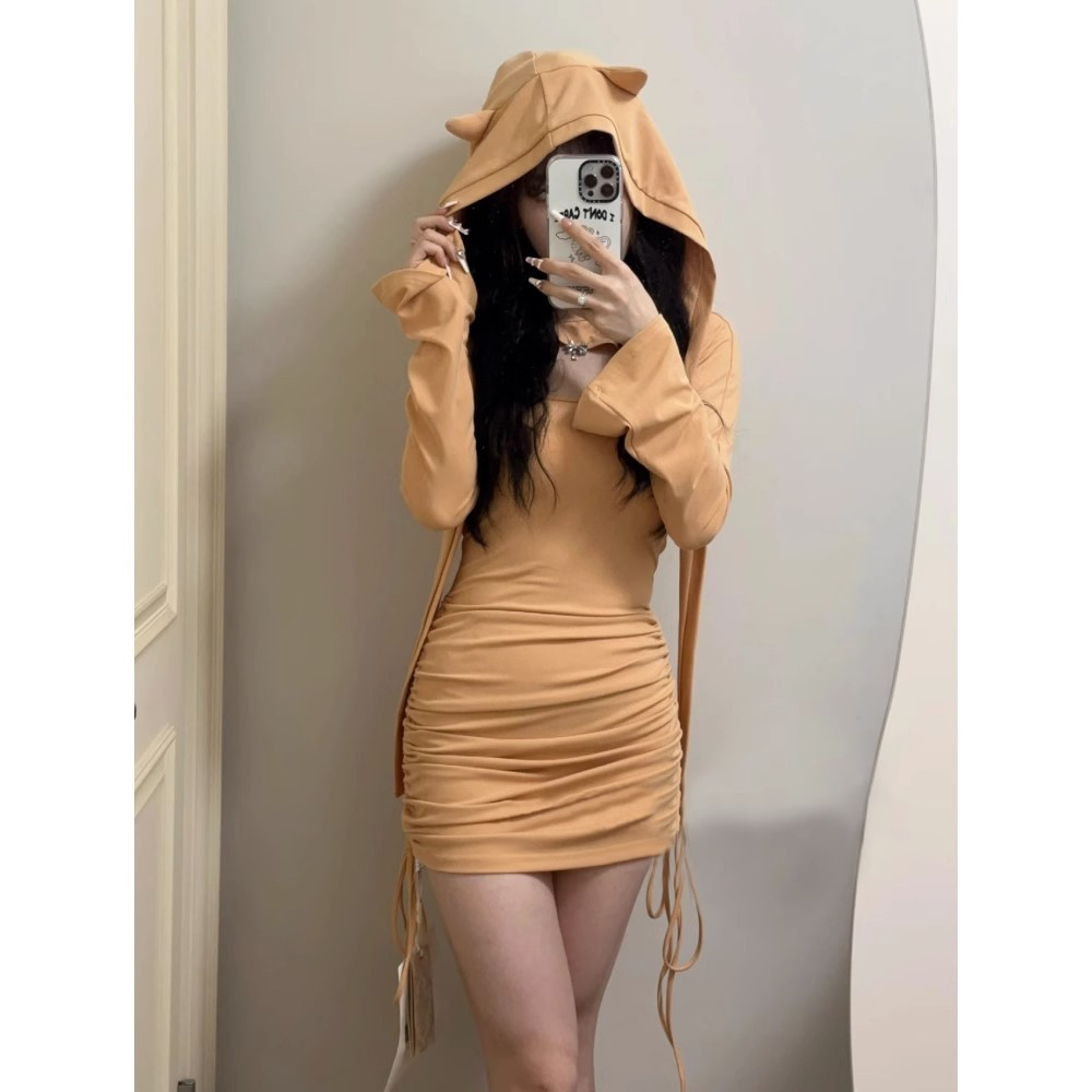 純欲性感斜肩吊帶連衣裙女秋季辣妹裙子收腰修身抽繩綁帶包臀短裙