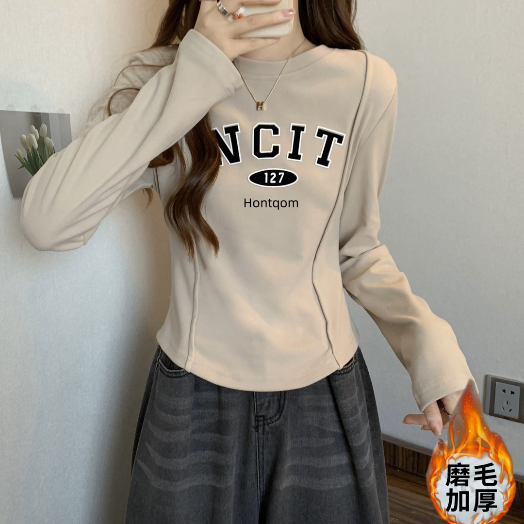 260克德絨圓弧形短款T恤女長袖秋冬裝內搭加厚磨毛打底衫上衣