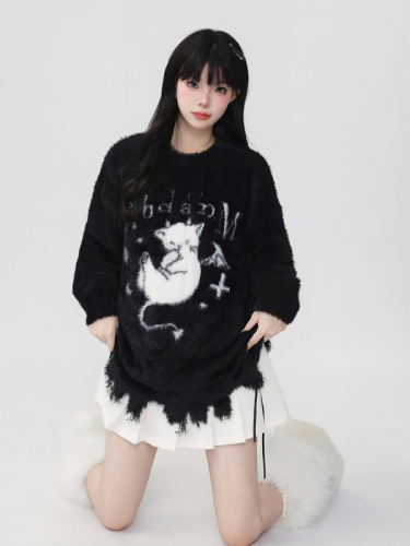 American Retro Little Devil Cat Distressed Hole Design Sweater  Winter New Couple Tops