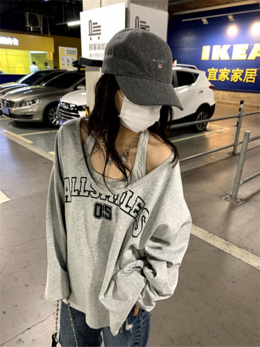 100% cotton American retro long-sleeved T-shirt women's loose trendy ins camisole two-piece oversize top