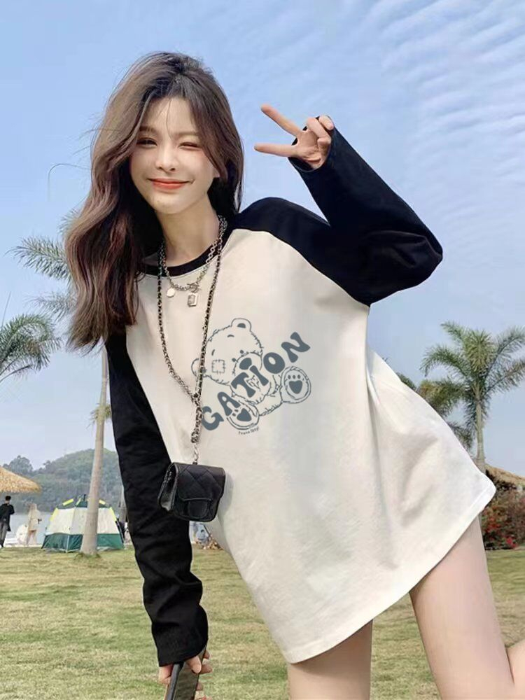 春秋季新款純棉長袖t恤女設計感小眾上衣撞色寬鬆減齡打底衫