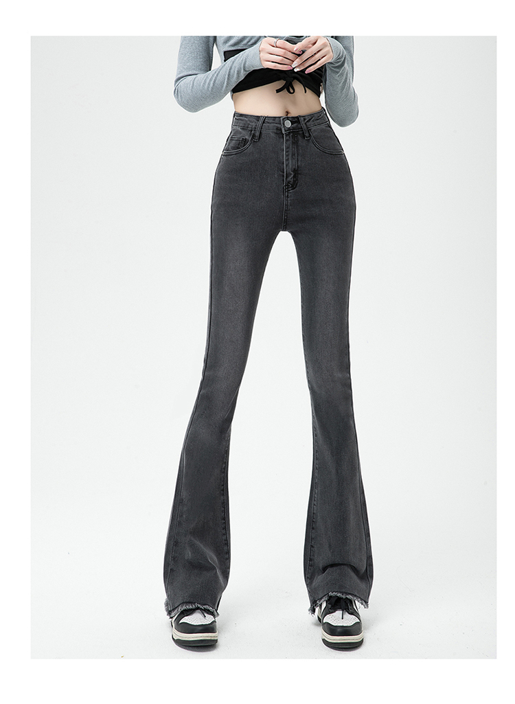 Smoke gray raw edge slightly flared jeans for women, high-waisted, slim, small, horseshoe flared pants, 2023 new autumn style