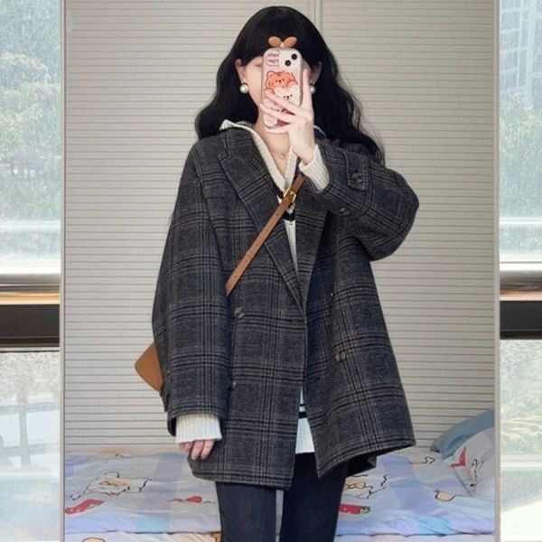 韓系大衣小香風鹽系輕熟風格子毛呢外套高級感慵懶韓風衣中長款衣
