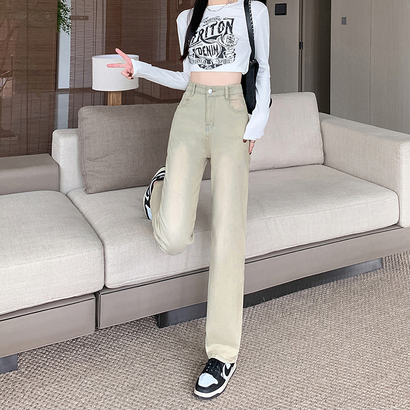 實拍~美式黃泥染直筒牛仔褲女2023新款高腰復古窄版牛仔褲子