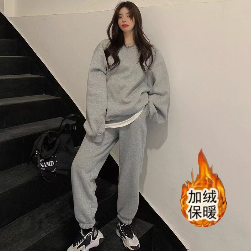 加絨加厚休閒時尚運動套裝女秋冬新款寬鬆洋氣衛衣長褲兩件套