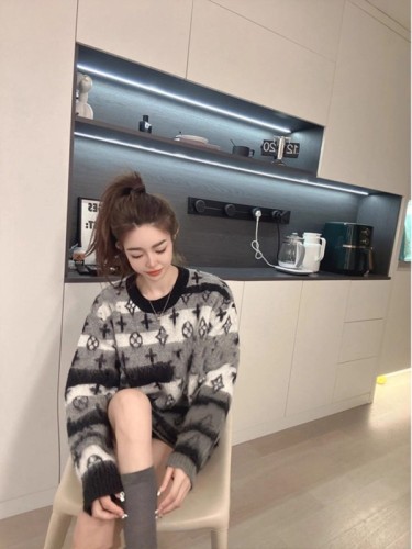 Mohair layered full printed temperament sweater  new autumn Korean style contrast striped outer sweater