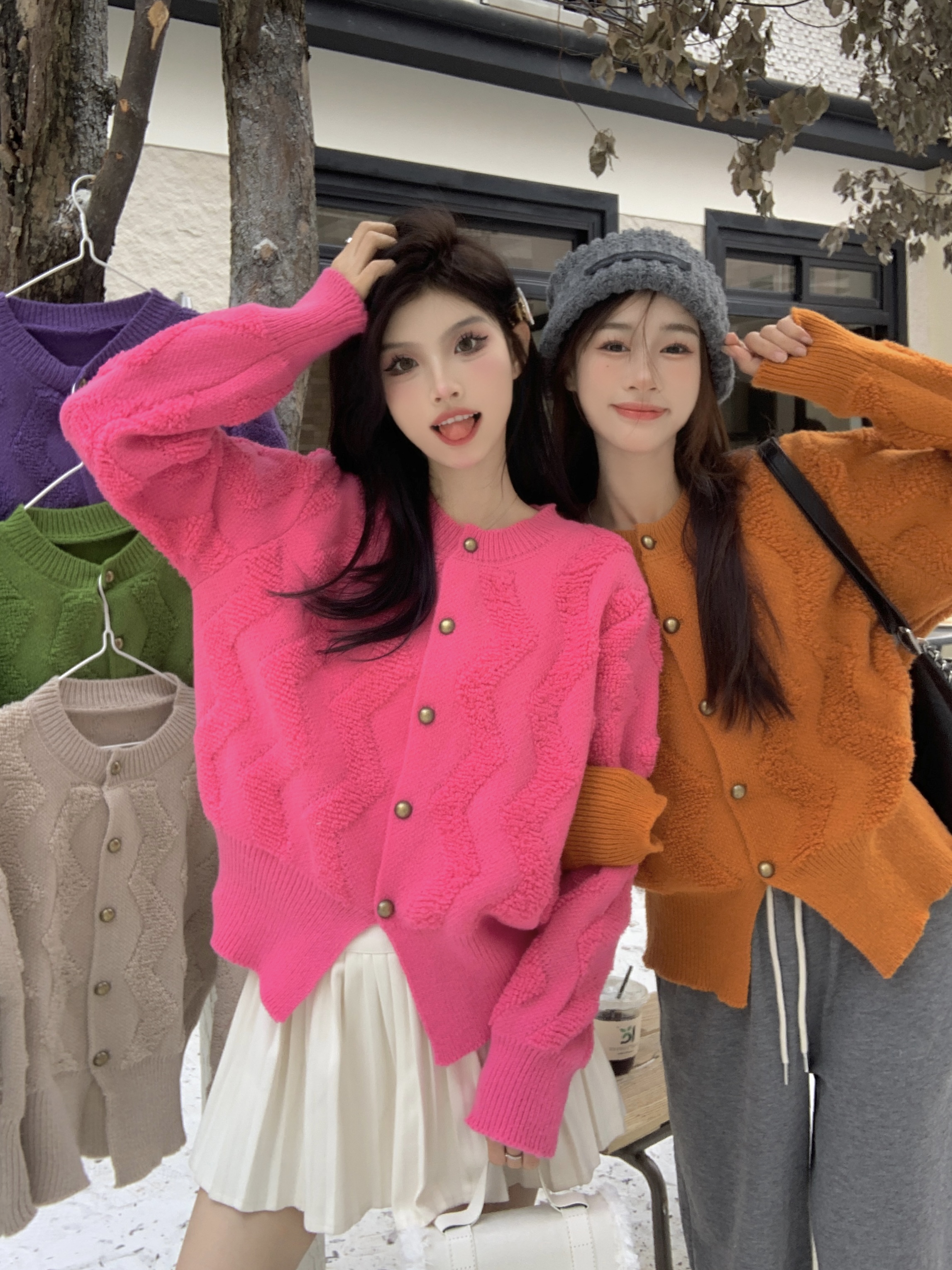 Real shot of autumn and winter Christmas thickened knitted sweater small fragrance single breasted cardigan sweater versatile thick coat