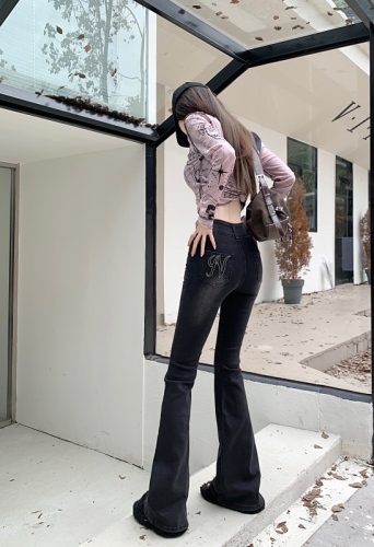 Actual shot of new autumn and winter velvet thickened slightly flared stretch denim wide-leg pants