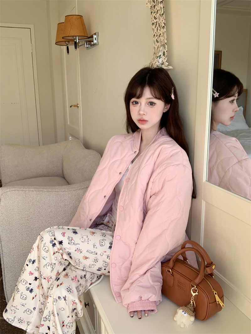 實拍 韓系歐尼 粉色棉服女2023年新款韓系加厚寬鬆保暖外套
