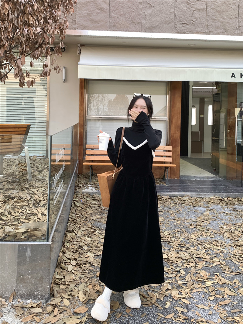 實拍~高級感簡約百搭毛毛拼接秋冬絲絨吊帶裙+高領針織打底兩件套