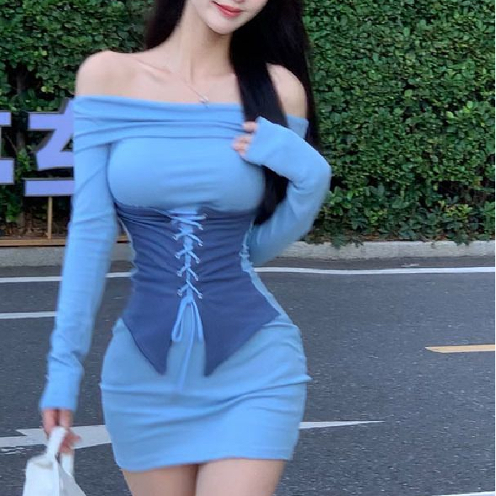 純欲性感一字肩長袖連衣裙女春秋冬高級感修身收腰顯身材包臀短裙