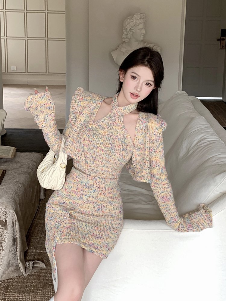 Actual shot of autumn and winter colorful crocheted off-shoulder halter neck sweater three-piece suit