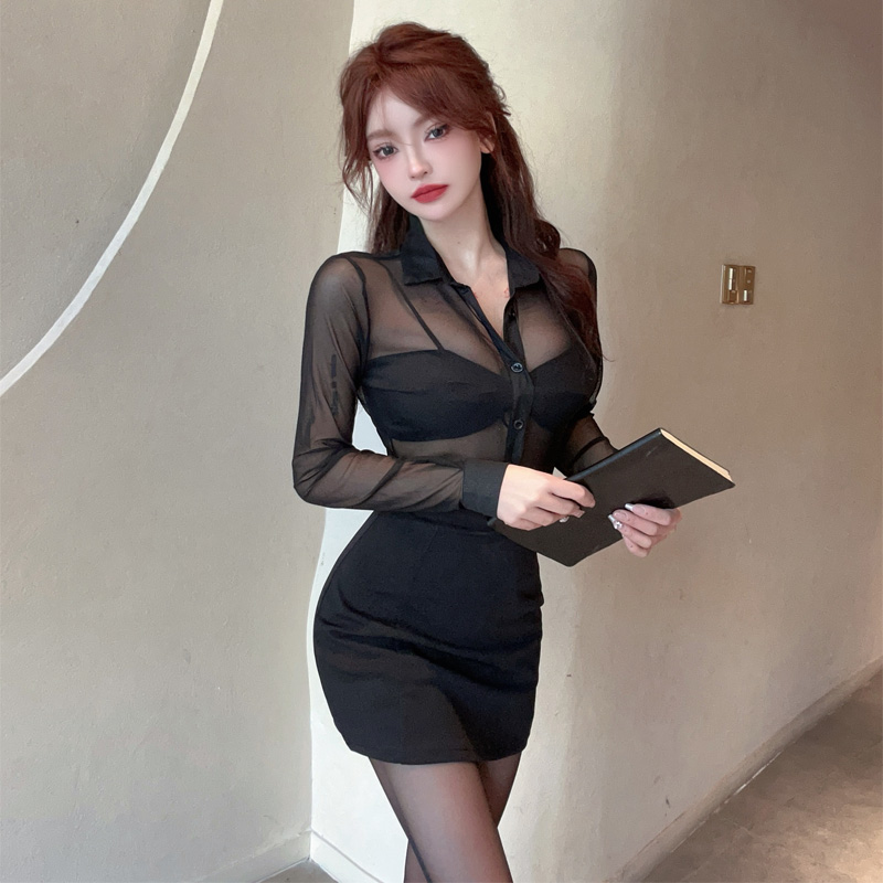 修身性感女人味黑色透視網紗外搭長袖襯衫上衣+包臀裙工作服套裝