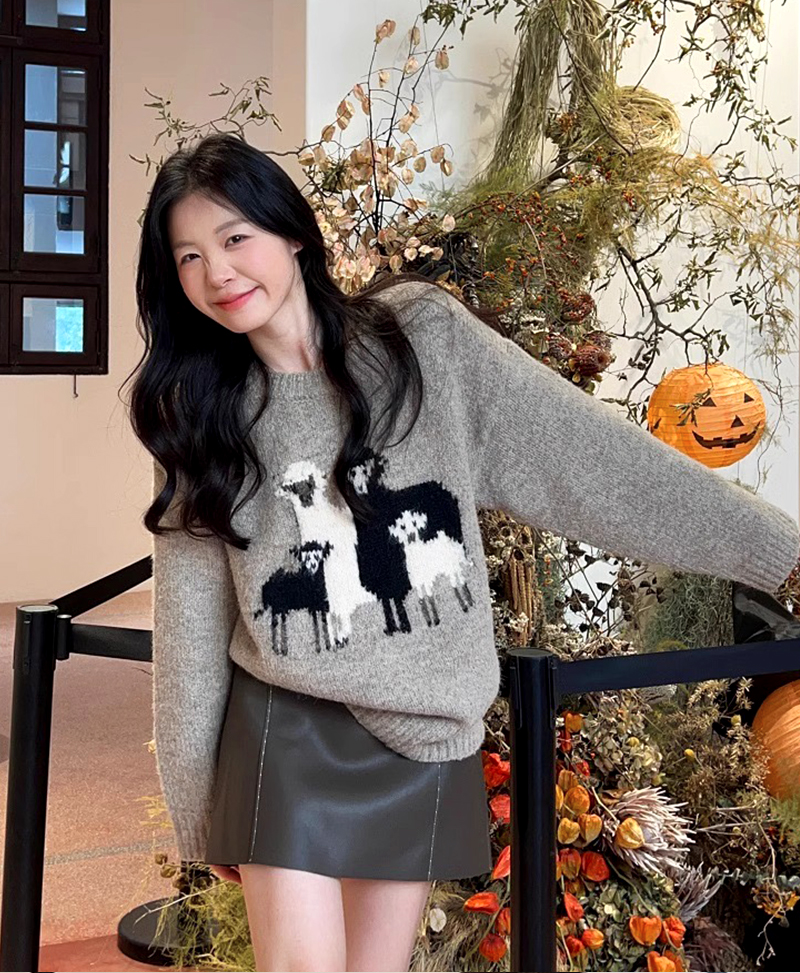 Korean style autumn and winter lazy style soft and cute lamb pattern round neck pullover sweater top
