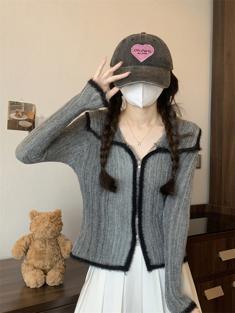 實拍~ 復古拼色雙拉鏈翻領漸變慵懶收腰顯瘦修身長袖針織開衫