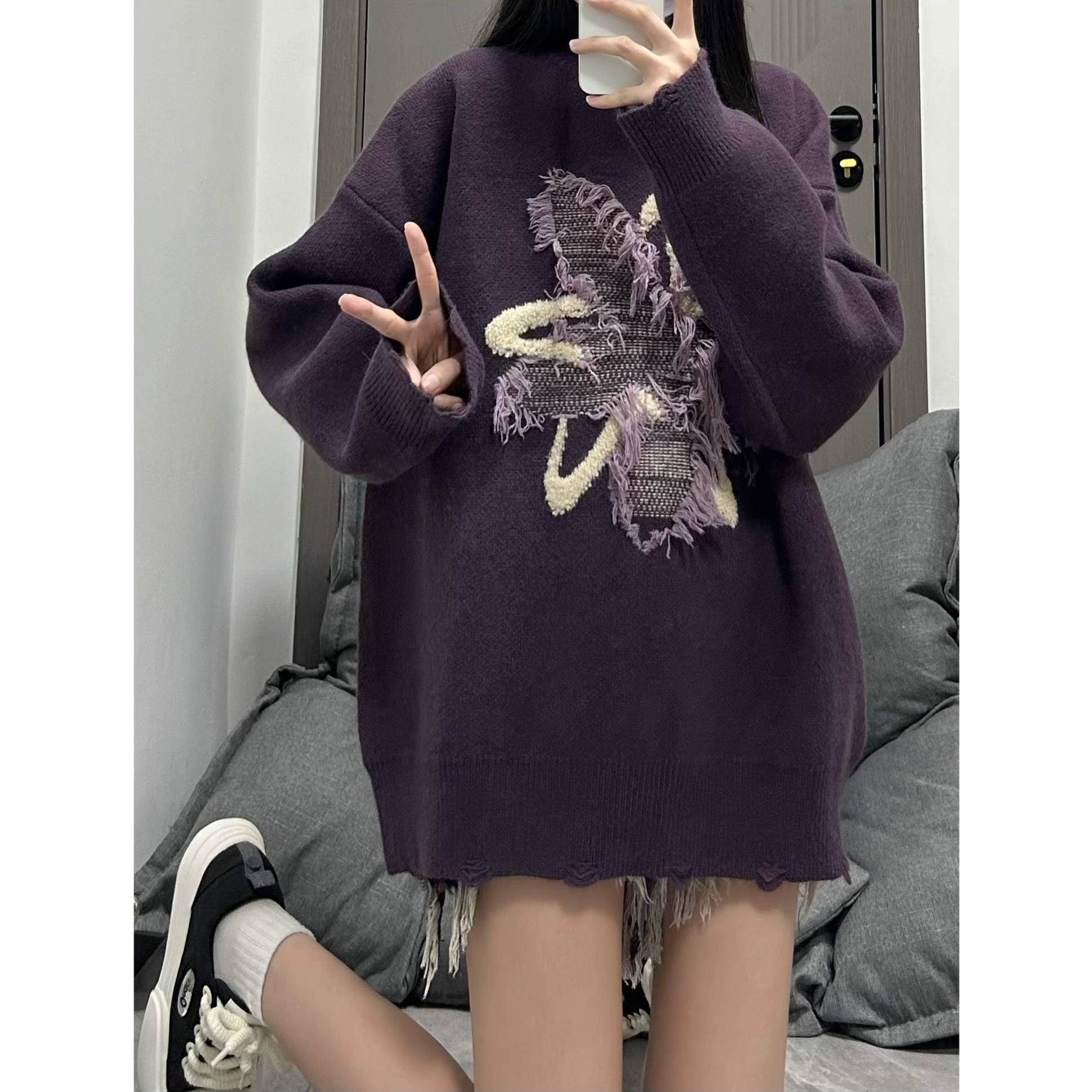 Sheep wool quality 2023 autumn and winter lazy hip-hop loose tattered raw edge women's sweater