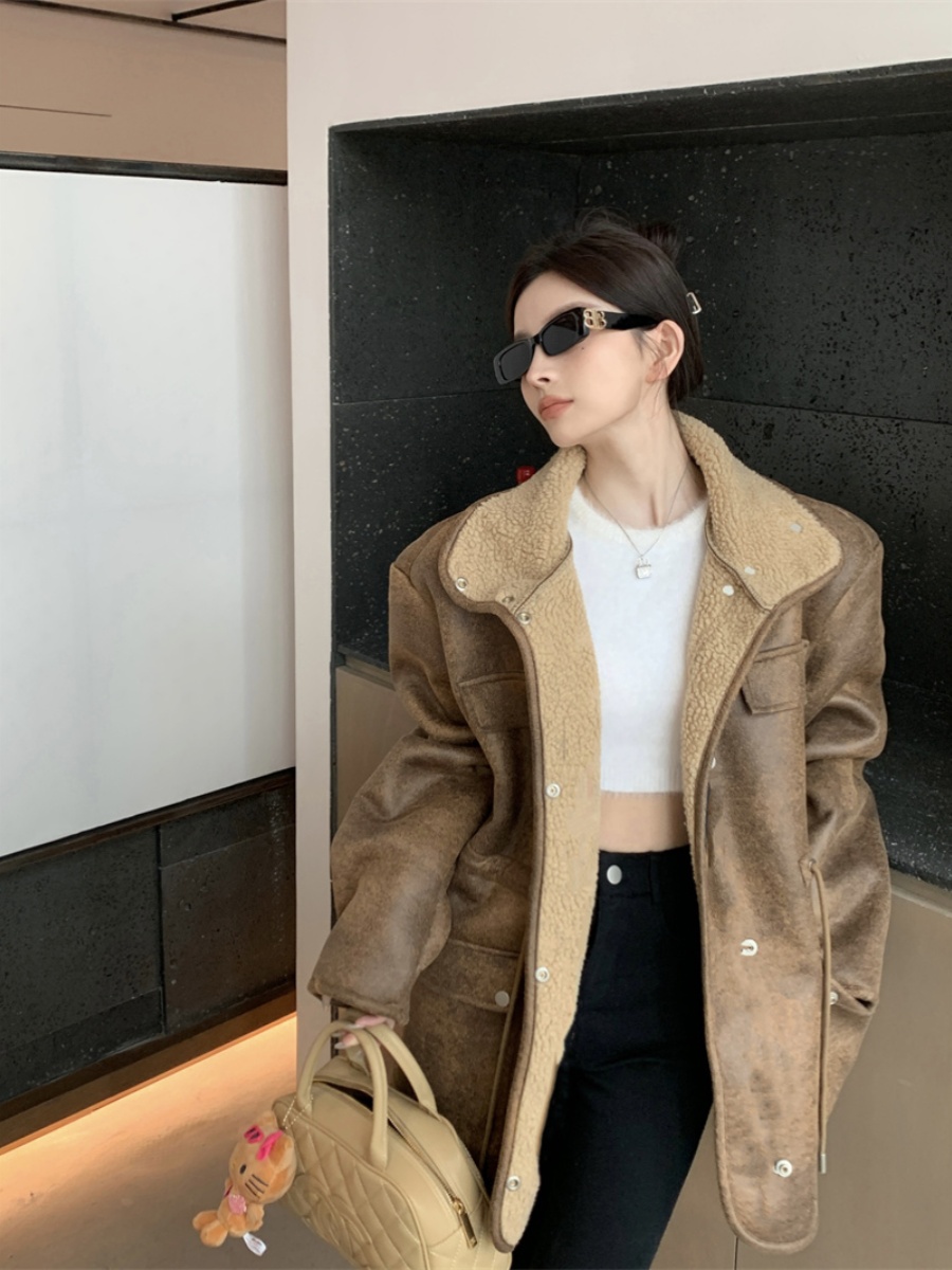 Real shot #American retro Maillard fur one-piece lamb wool 2023 autumn and winter new thickened suede jacket