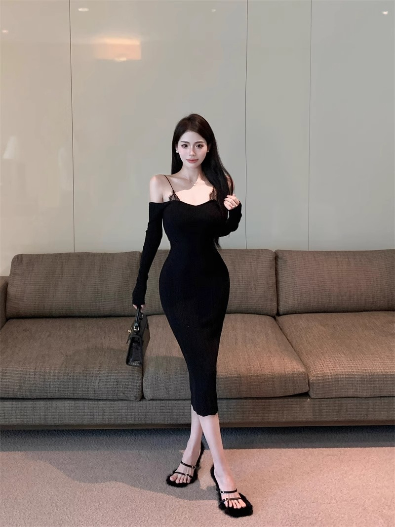 Hot girl sexy splicing fake two-piece suspender dress women's autumn black mid-length skirt long-sleeved tight hip skirt
