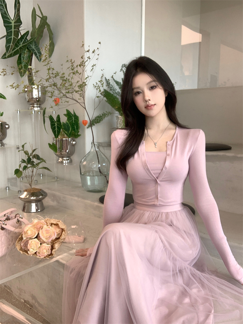 實拍~溫柔甜美淡紫色網紗半裙針織開衫吊帶套裝收腰長裙三件套