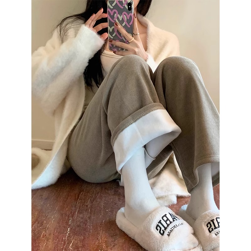 New style velvet casual pants for autumn and winter, thickened warm wide-leg pants, drapey drawstring straight high-waisted trousers for women