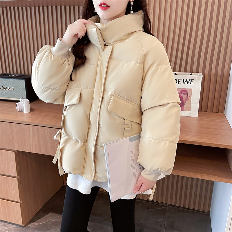 Actual shot of new winter Korean style loose stand-up collar ribbon warm cotton coat zipper cardigan jacket for women