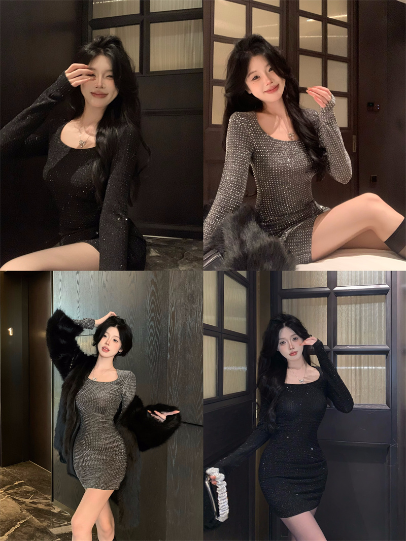 實拍 碎閃星河 時尚閃鑽設計感長袖修身連衣裙環保皮草開衫
