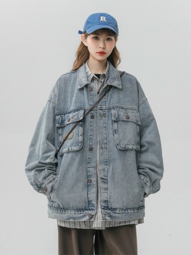 Retro Hong Kong style chic jacket, high-end and super good-looking denim shirt, women's spring and autumn American casual workwear jacket