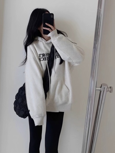 White and gray hooded velvet sweatshirt for women  new autumn and winter small person loose pullover lazy style jacket