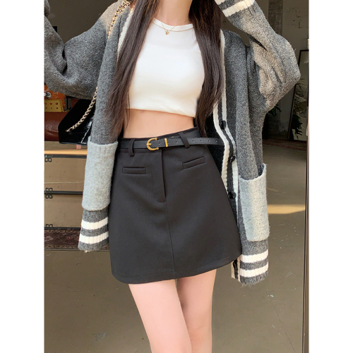 Actual shot of  new autumn and winter A-line thick woolen suit short skirt high-waisted slim skirt for women with lining