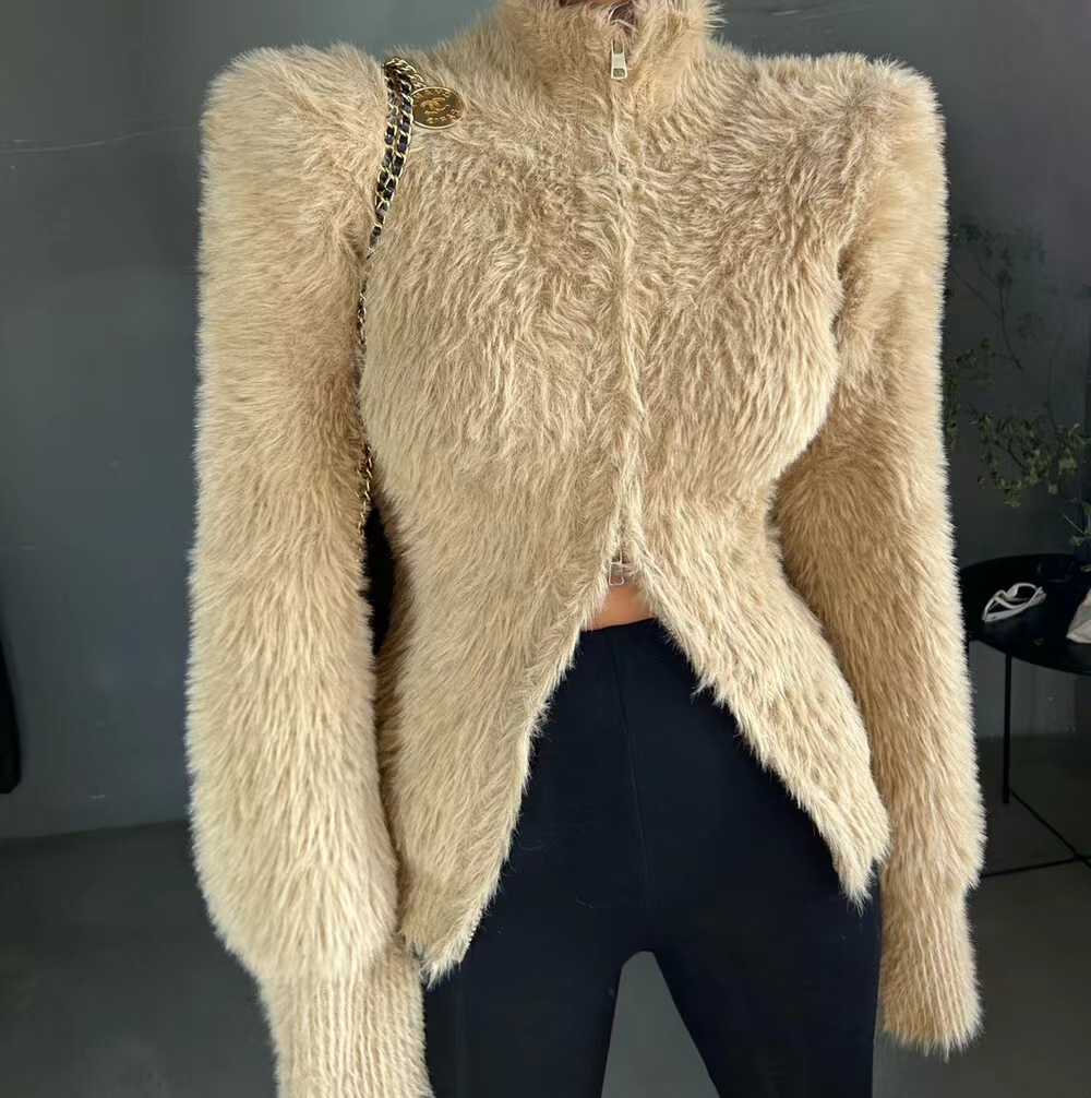 South Korea's 2023 winter new high-neck imitation mink fur long-sleeved double-ended zipper jacket for women with waist solid color tops
