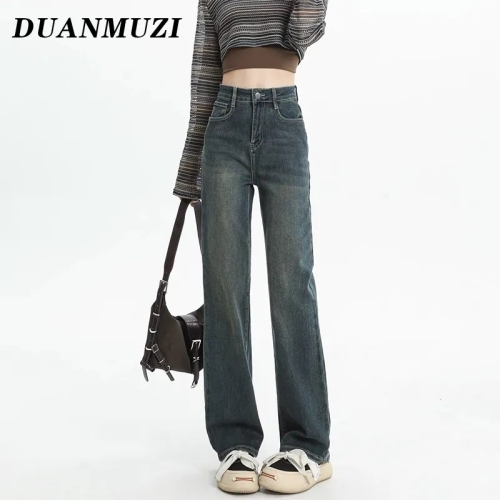 Straight-leg jeans for women 2024 new spring and summer high-waist slim retro blue petite loose wide-leg pants