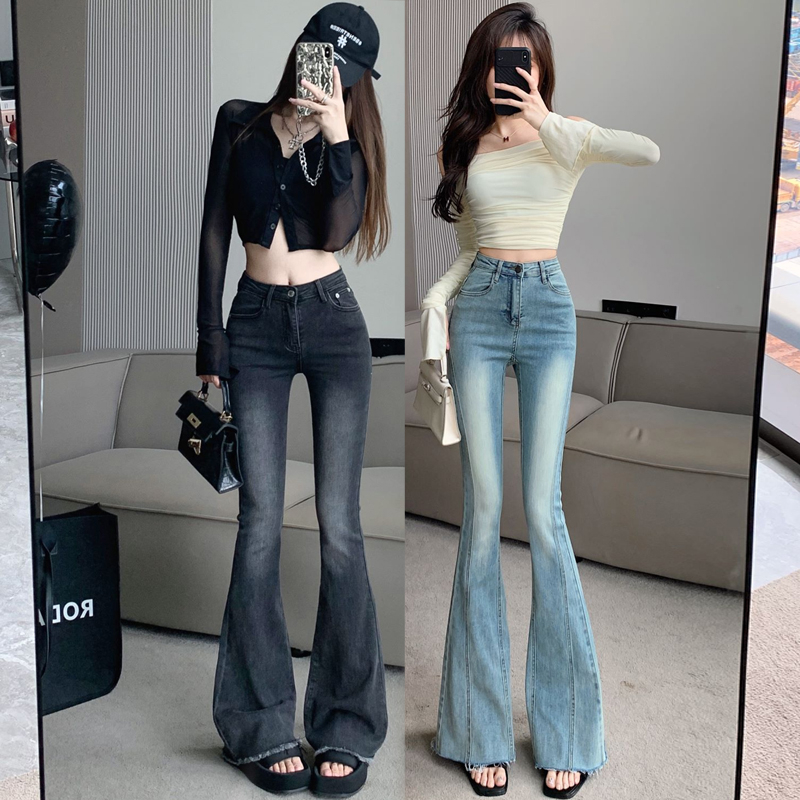 Gradient color denim horseshoe pants for women, spring and autumn design, raw edge high-waisted pants, elastic tight-fitting hip-lifting micro-flared pants, trendy