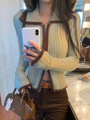 Actual shot ~ color-blocked raw edge sweet age-reducing zipper cardigan lapel slim-fitting gradient knitted sweater