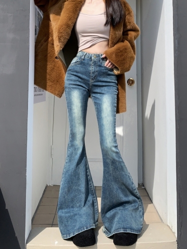 Actual shot #New micro-flared high-waisted denim trousers for women with large hems and floor-length mopping trousers