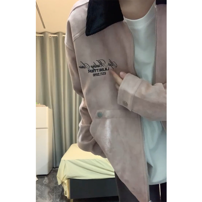 官圖韓版麂皮絨外套女春秋高街美式復古休閒寬鬆夾克棒球服女