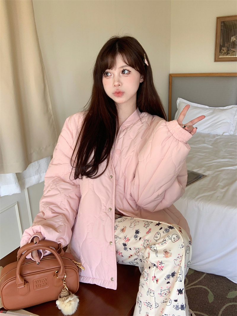 實拍 韓系歐尼 粉色棉服女2023年新款韓系加厚寬鬆保暖外套