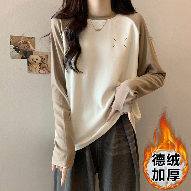 實拍奧絨撞色插肩德絨打底衫女秋冬刺繡t恤寬鬆顯瘦軟糯上衣