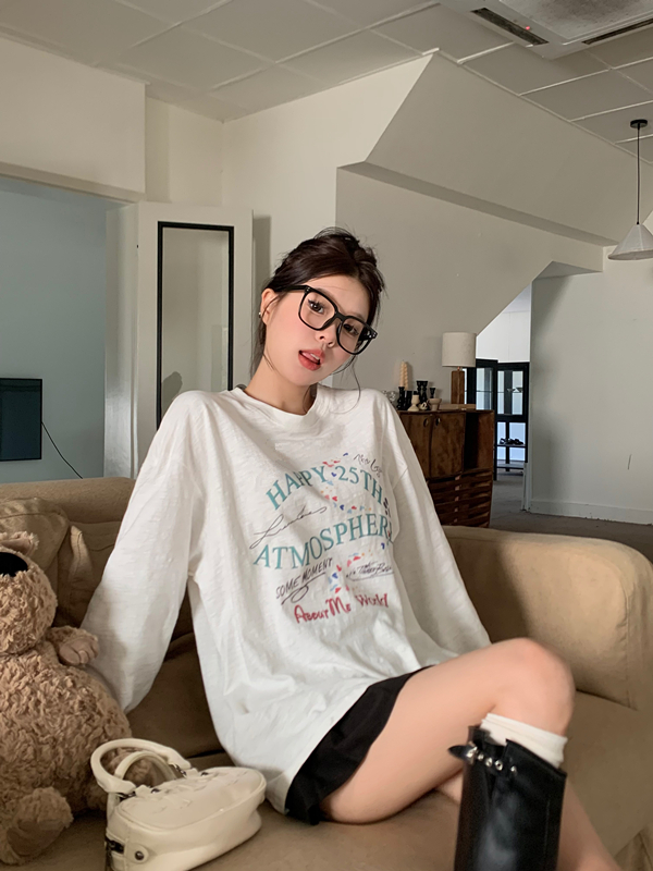 實拍~復古趣味印花彩色長袖圓領T恤寬鬆百搭上衣