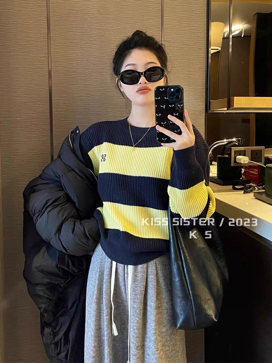 KISS SISTER設計感撞色條紋毛衣女冬季新款寬鬆圓領加厚針織上衣