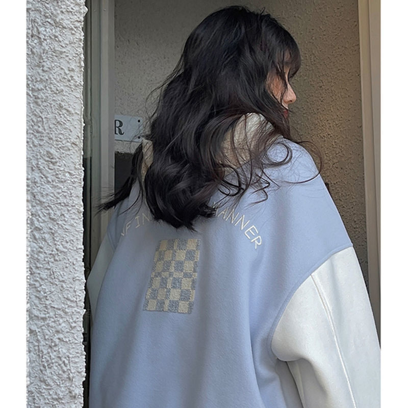 Longfeng Ni replica super soft sky blue woolen baseball cotton jacket for women Korean version loose winter thickened cotton jacket