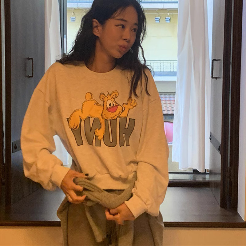 韓系減齡卡通圖案圓領短衛衣女秋冬新款小眾寬鬆百搭洋氣打底上衣